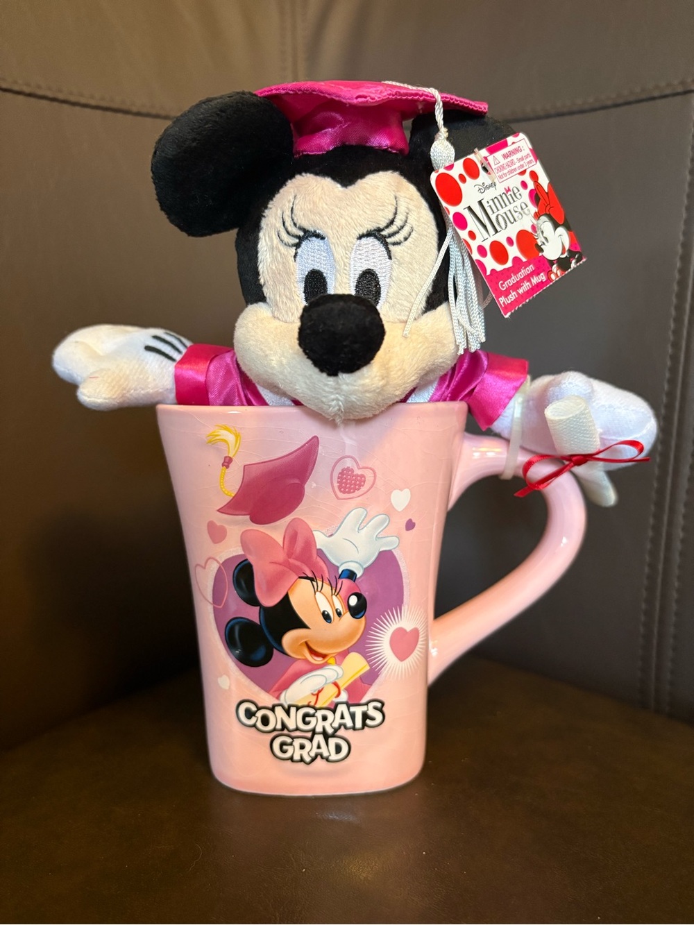 Disney Pink Minnie Mouse Congrats Grad Ceramic Mug with Plush Doll
